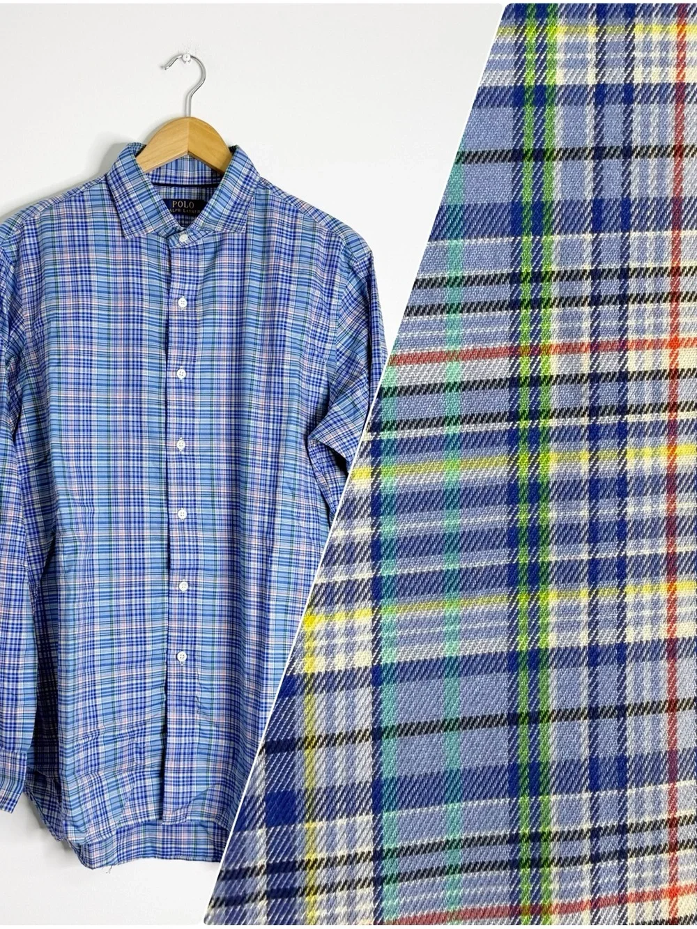 Polo Ralph Lauren Plaid Button Up Shirt Large Blue Cotton Long Sleeve
